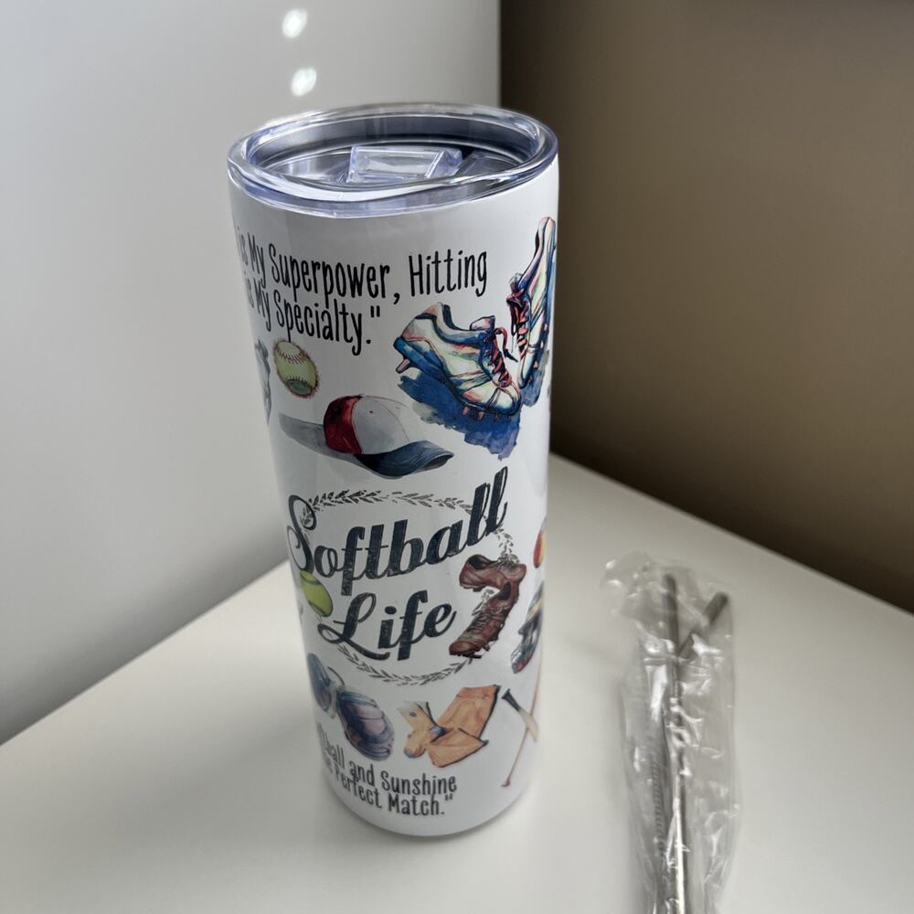 Custom Printed 20oz Tumbler Softball Design With Lid Straws And Straw Cleaner